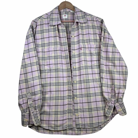 Levis Womens Oversized Lavender Plaid Long Sleeve Button-Up Flannel Shirt M - Picture 1 of 10